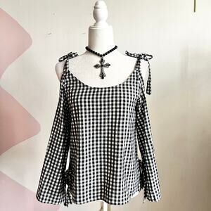 Black Gingham Top, Vintage Y2K 2000s Indie Sleaze Soft Grunge Small‎